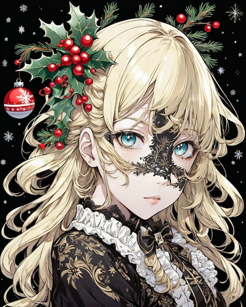 Portrait de style Noël de fille anime fond noir style vanille