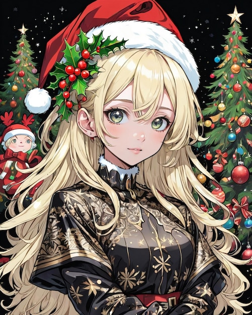 Portrait de style Noël de fille anime fond noir style vanille