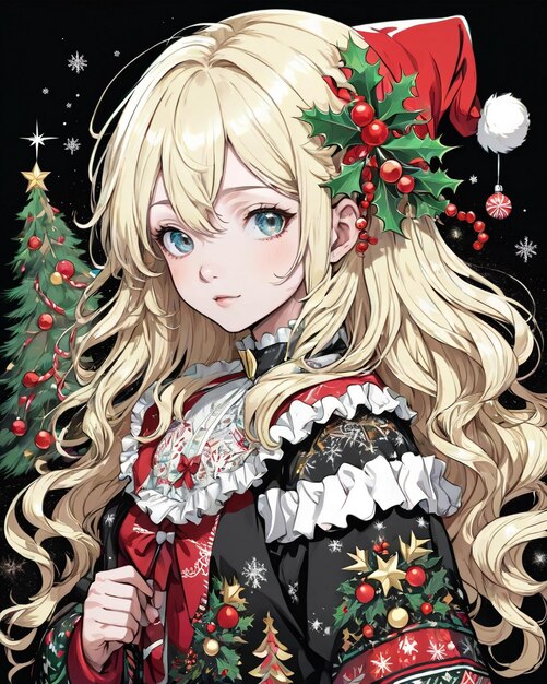 Portrait de style Noël de fille anime fond noir style vanille