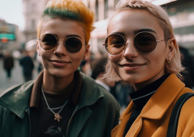 Portrait de style de rue d'un couple non binaire élégant dans une rue de la villeAI Génératif