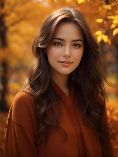 Portrait d'une superbe fille heureuse avec une pose dynamique sur fond d'automne