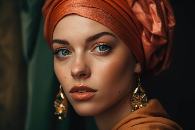 Portrait d'une superbe jeune femme aux yeux verts perçants et aux lèvres charnues portant une robe de couleur saumon