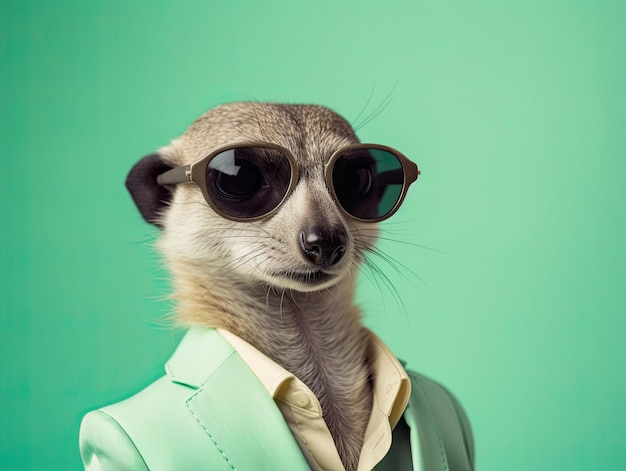 Portrait d'un suricate élégant posant mignon en costume d'affaires dynamique portant des lunettes de soleil sur fond vert clair