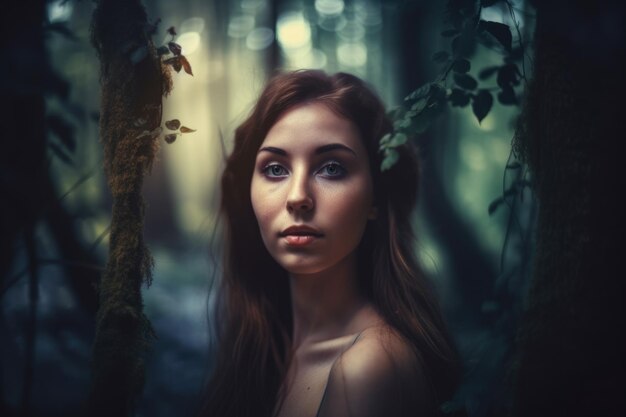 Portrait surréaliste d'une belle femme dans une forêt de rêve