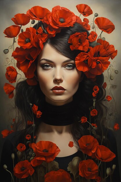 Portrait surréaliste d'une belle jeune femme avec des coquelicots rouges dans les cheveux