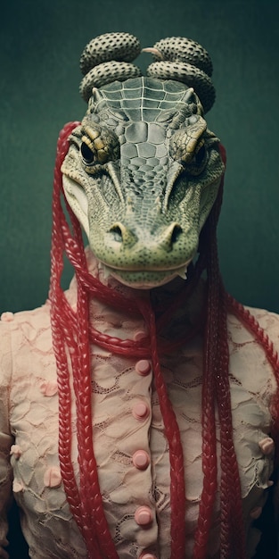 Photo portrait surréaliste de crocodile avec des costumes complexes et des éléments fiberpunk