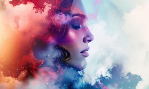 Portrait surréaliste d'une femme avec des nuages colorés et des éléments cosmiques
