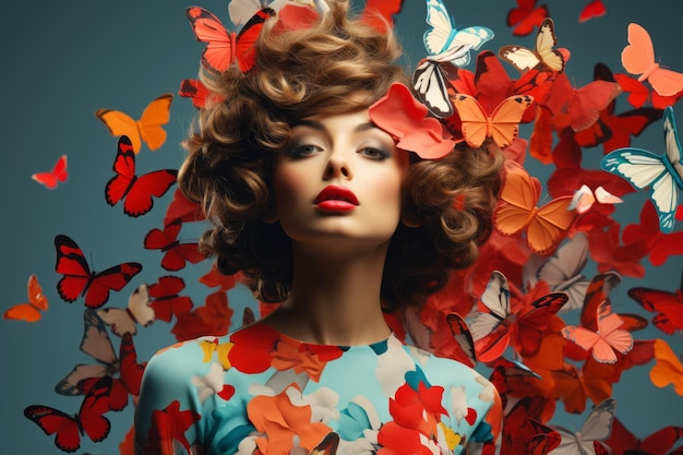 Portrait surréaliste d'une femme avec des papillons dans ses cheveux Photo abstraite dans le style de collage pop art Generative Ai