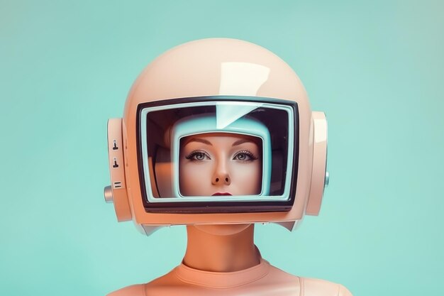 Portrait surréaliste d'une jeune fille avec un casque futuriste en forme de téléviseur rétro