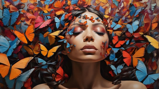 Un portrait surréaliste d'une personne dont les pensées se manifestent sous forme de papillons colorés