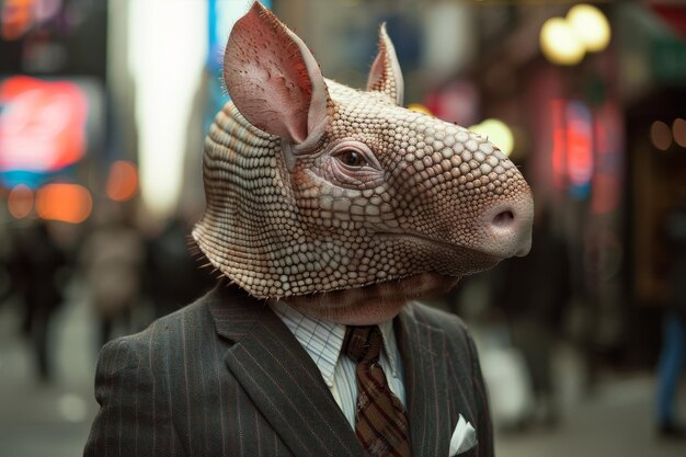 Photo portrait surréaliste d'une personne avec une tête d'armadillo dans un cadre urbain