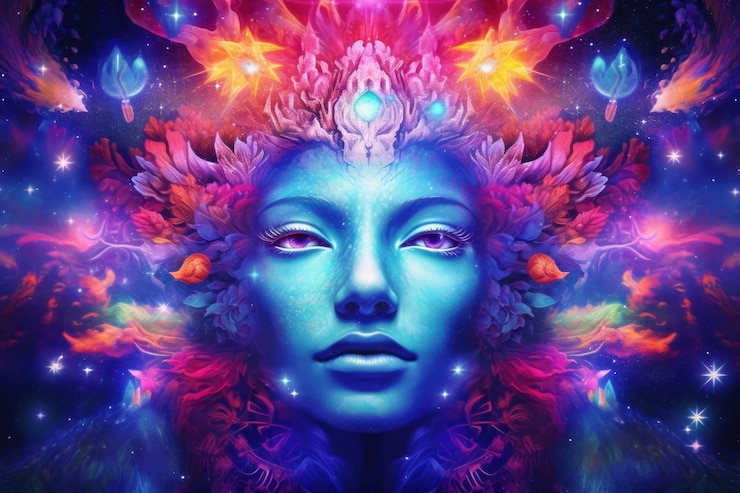 Photo un portrait surréaliste vibrant d'une figure mystique entourée de couleurs