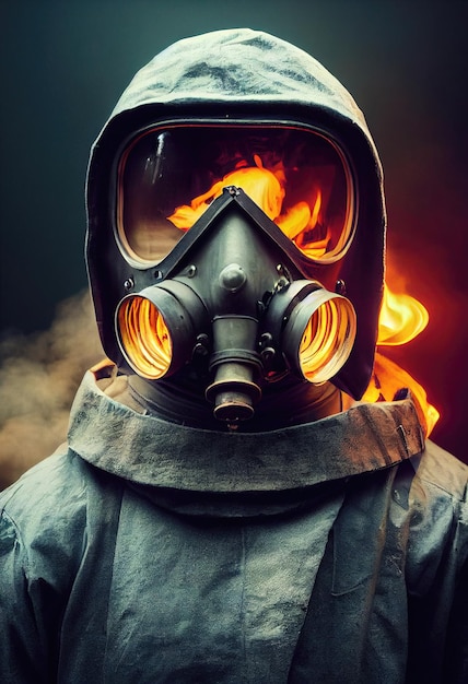 Portrait d'un survivant en hazmat et portant un vieux masque à gaz sur fond apocalyptique