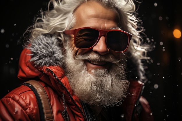 Portrait à la taille du Père Noël funky portant des lunettes de soleil et souriant à la caméra Généré par l'IA
