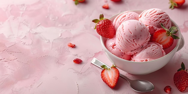 Portrait d'une tasse de glaces à fraises sur un fond rose doux propre avec un grand espace et des fraises gardées autour d'elle IA générative