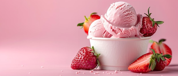 Portrait d'une tasse de glaces à fraises sur un fond rose doux propre avec un grand espace et des fraises gardées autour d'elle IA générative