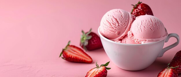 Portrait d'une tasse de glaces à fraises sur un fond rose doux propre avec un grand espace et des fraises gardées autour d'elle IA générative