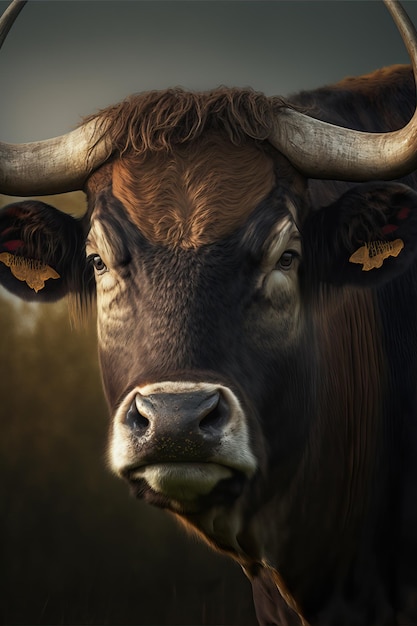 Portrait d'un taureau fâché dans une plaine agricole de ferme