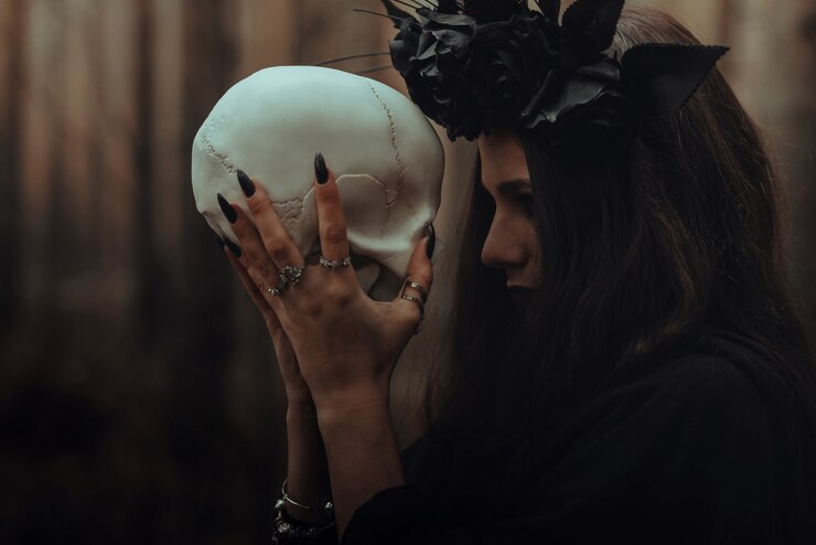 Photo portrait d'une terrible sorcière avec un crâne entre les mains d'un homme mort effectue un rituel mystique occulte dans la forêt