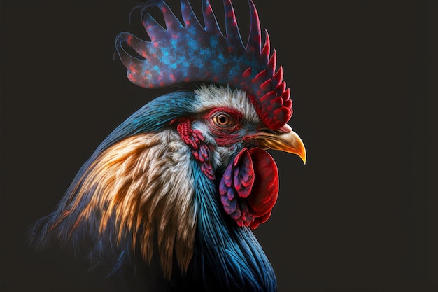 Portrait de tête de coq avec des plumes multicolores sur fond sombre