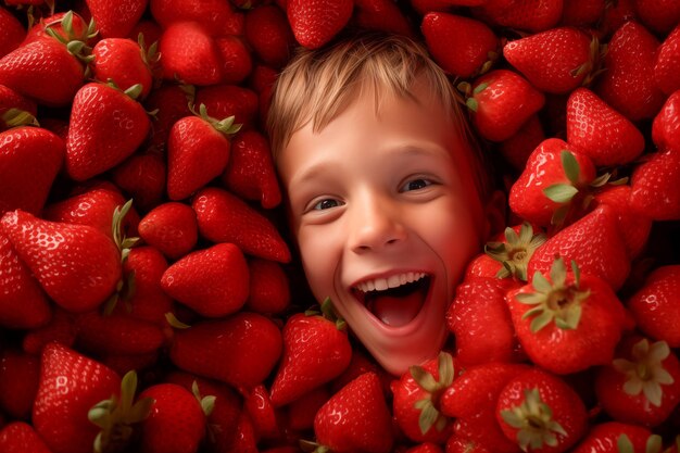 Photo portrait d'une tête d'enfant complètement entourée de fraises