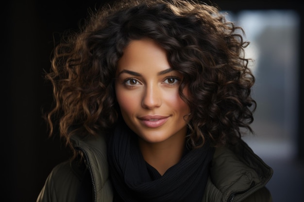 Portrait en tête d'une fille souriante avec une coiffure bouclée vêtue d'une veste d'hiver sur un fond flou