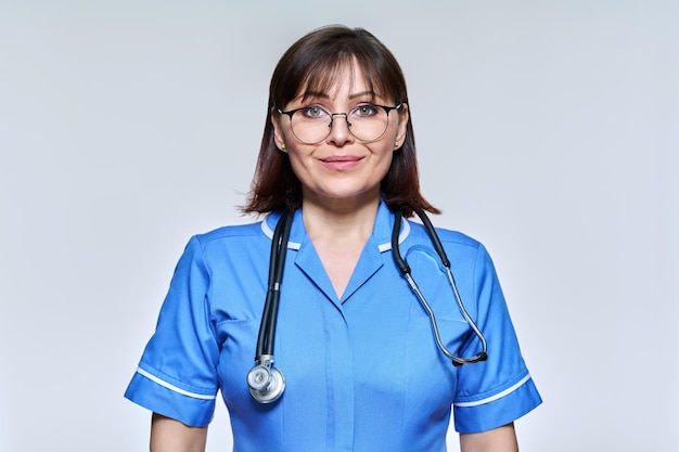 Portrait de tête d'infirmière en uniforme bleu regardant la caméra sur fond de studio clair