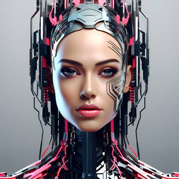 Photo portrait de tête d'intelligence artificielle avec des pièces complexes cyborg robotique design futuriste ai