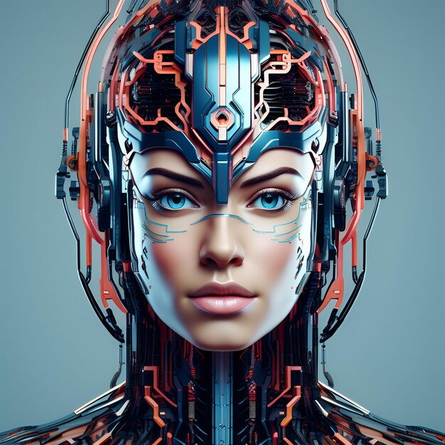 Photo portrait de tête d'intelligence artificielle avec des pièces complexes cyborg robotique design futuriste ai