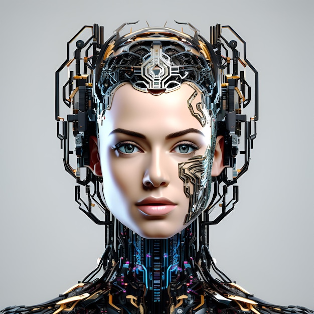 Photo portrait de tête d'intelligence artificielle avec des pièces complexes cyborg robotique design futuriste ai