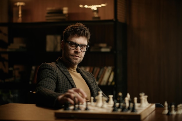 Portrait de tête de jeune homme joueur d'échecs assis en position d'attente à table avec échiquier