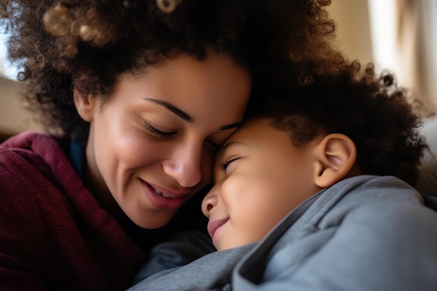 Portrait de la tête d'une mère afro-américaine avec son fils prenant un selfie ensemble de près