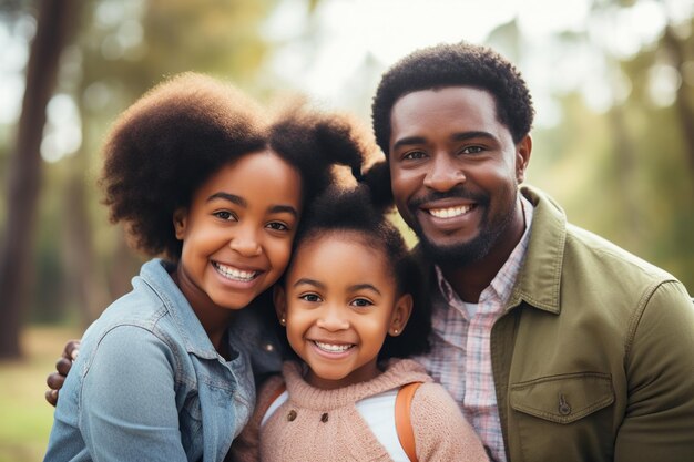 Photo portrait en tête de parents afro-américains heureux avec leur petite fille qui s'étreint à l'extérieur