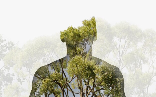 Portrait de tête de silhouette à double exposition d'un homme réfléchi combiné à une photographie de paysage forestier écologie liberté environnement