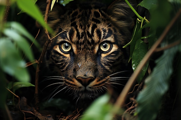 Photo portrait d'un tigre caché dans les feuilles d'un arbre