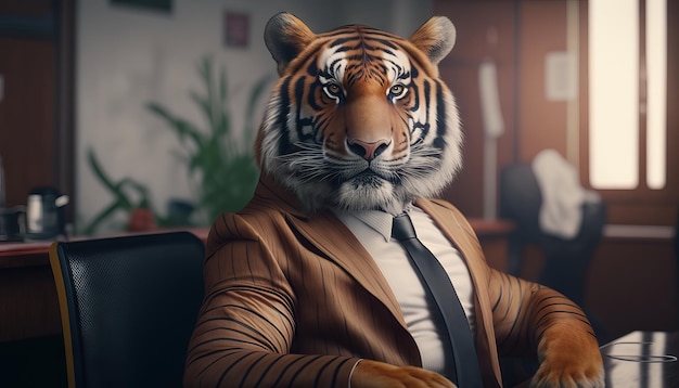 Portrait d'un tigre en costume d'affaires avec une cravate Generative AI
