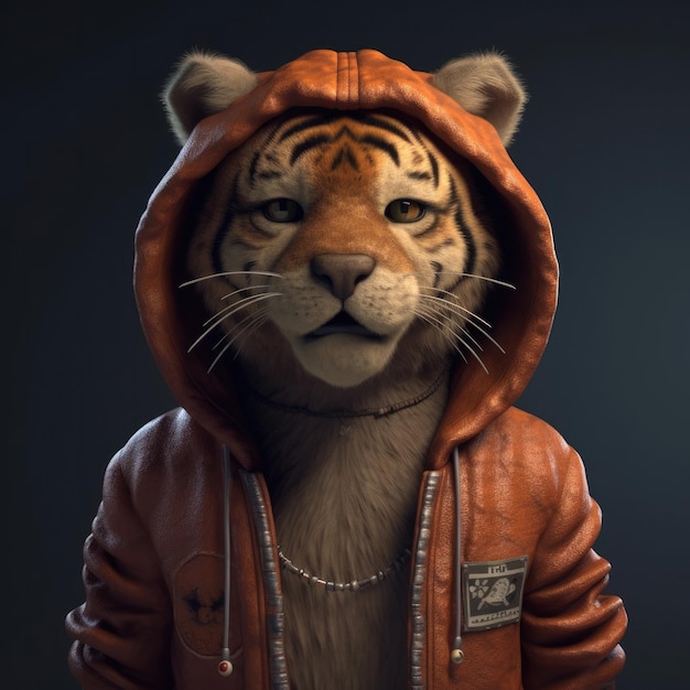 Portrait de tigre de dessin animé 3D portant des vêtements lunettes chapeau et veste debout devant