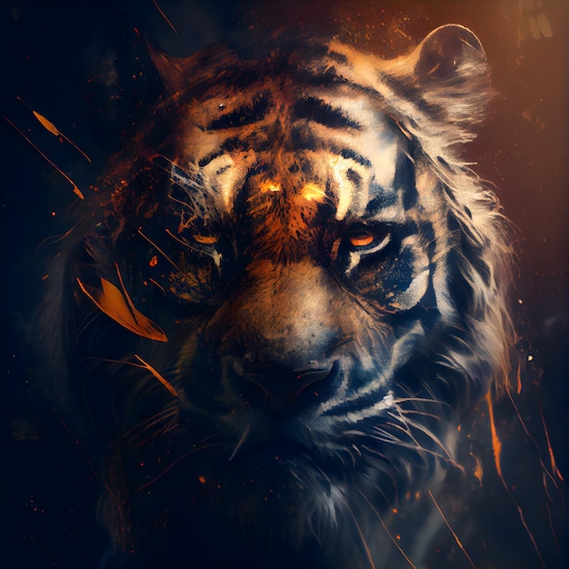 Portrait d'un tigre avec feu et fumée sur fond sombre