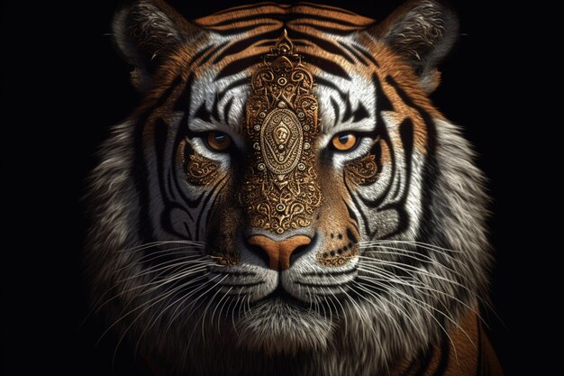 Portrait d'un tigre sur un fond noir en gros plan