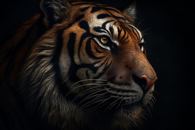 Portrait d'un tigre sur un fond noir en gros plan