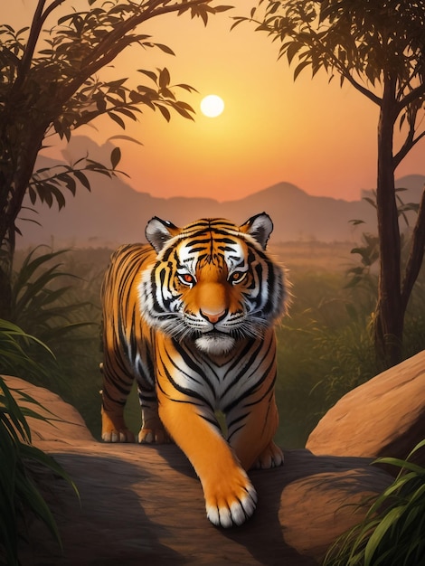 Portrait de tigre sur le rocher avec un ciel magnifique au coucher du soleil