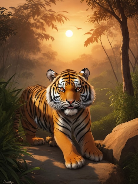 Portrait de tigre sur le rocher avec un ciel magnifique au coucher du soleil