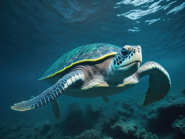 Portrait d'une tortue de mer heureuse nageant ai générative