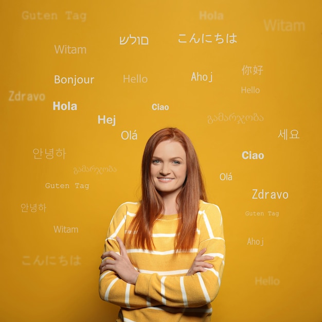 Portrait d'un traducteur heureux et mots d'accueil dans différentes langues étrangères sur fond orange