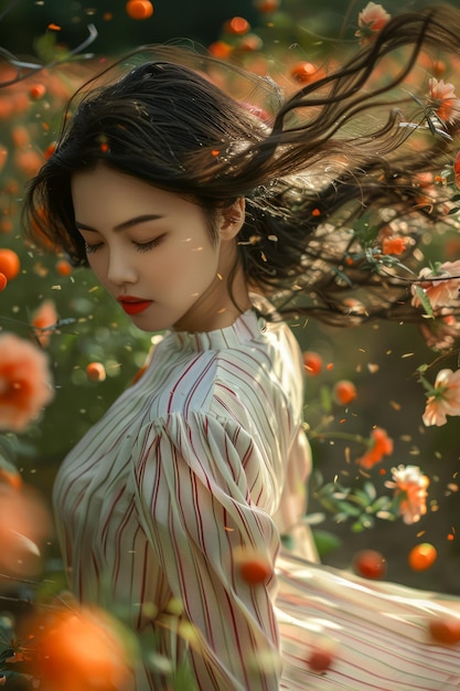 Photo portrait tranquille d'une jeune femme aux cheveux bouillonnants parmi les fleurs d'orange beauté de la nature sereine