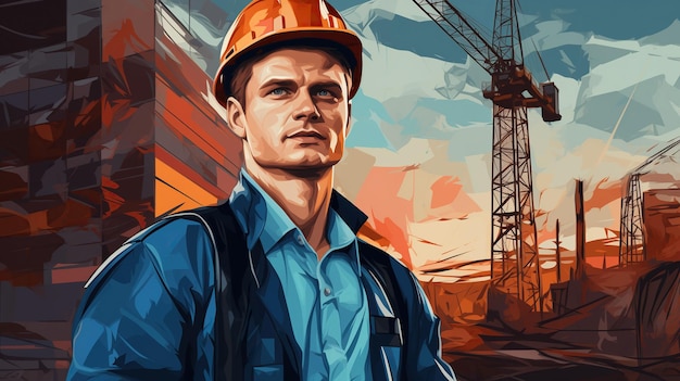 portrait d'un travailleur contre une illustration de chantier de construction dans un style pop art