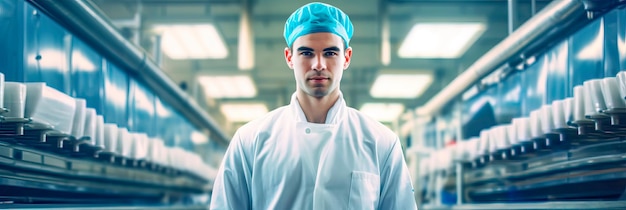 Photo portrait d'un travailleur dans une usine de transformation alimentaire garantissant le respect des normes de qualité et de sécuritéia générative