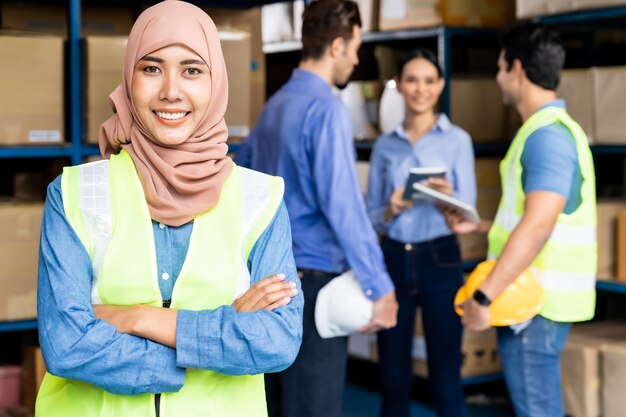 Portrait de travailleur féminin musulman avec son équipe en arrière-plan