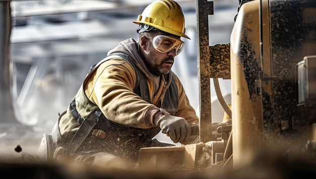 Photo portrait d'un travailleur portant un casque et des vêtements de travail travaillant sur un chantier de construction