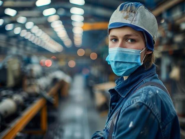 Photo portrait d'une travailleuse industrielle portant un casque et un masque facial